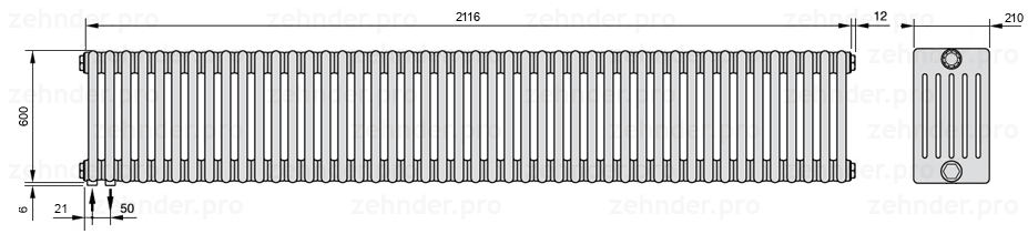 Схема (чертеж) Радиатор Zehnder Charleston 6060/46 №3370 Белый глянцевый RAL 9016